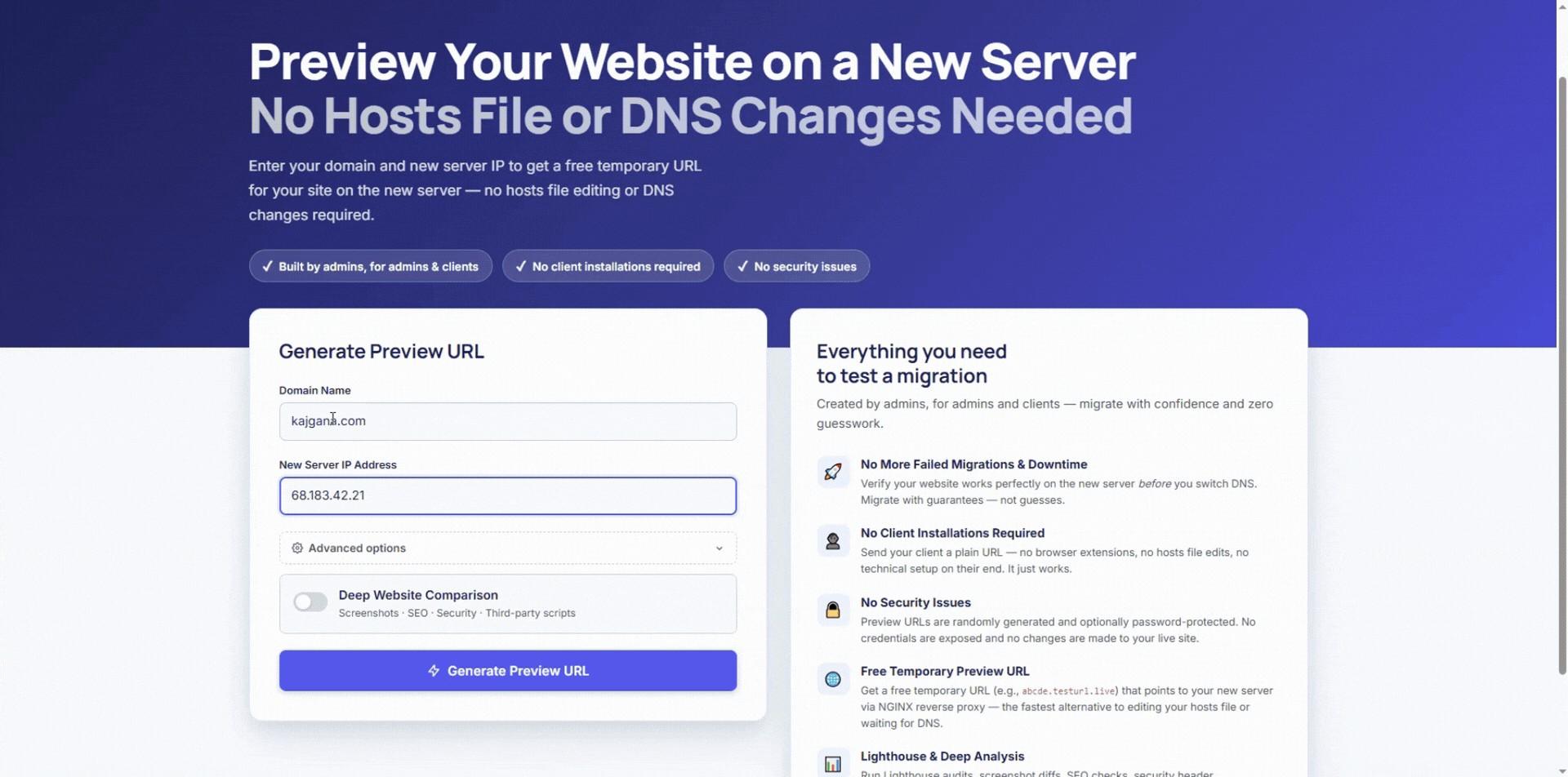 Animated walkthrough showing how TestURL.live generates a preview URL for a website migration